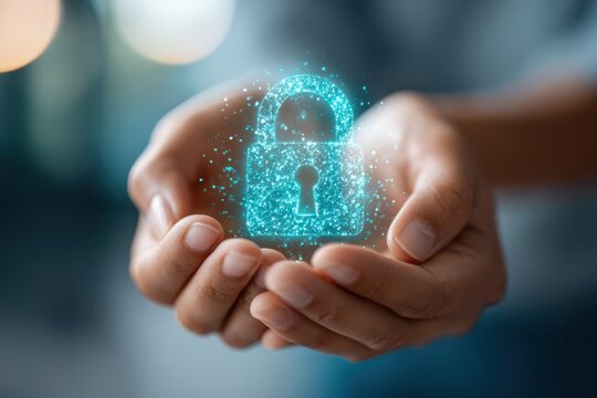 Hands holding a glowing digital lock symbol