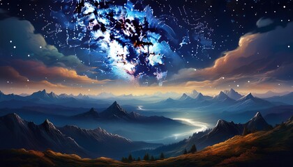a vast dark night sky filled with countless stars above a serene mountainous landscape