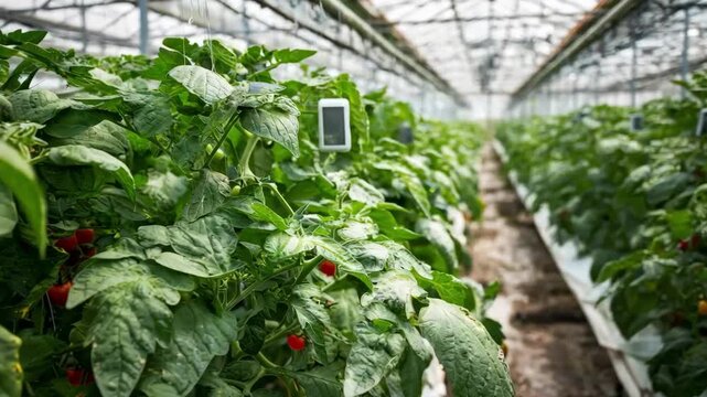 Medium shot of wireless IoT humidity sensors installed in a greenhouse capturing realtime moisture levels for precision plant care