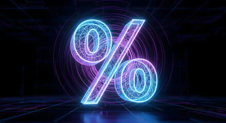 Vibrant neon percentage symbol glowing with blue and pink light in a futuristic digital space.