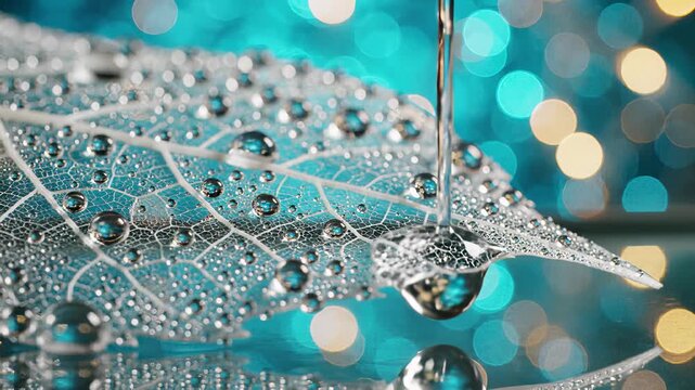 A close up view of a leaf with delicate water droplets glistening on its surface sits atop a table, capturing the concept of transparency as embodied by the transparent skeleton keyword.