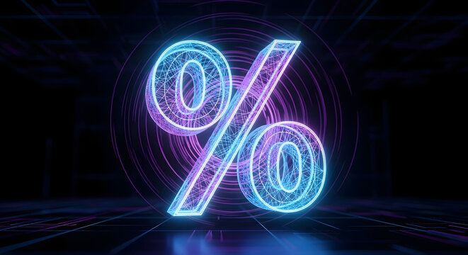 Vibrant neon percentage symbol glowing with blue and pink light in a futuristic digital space.