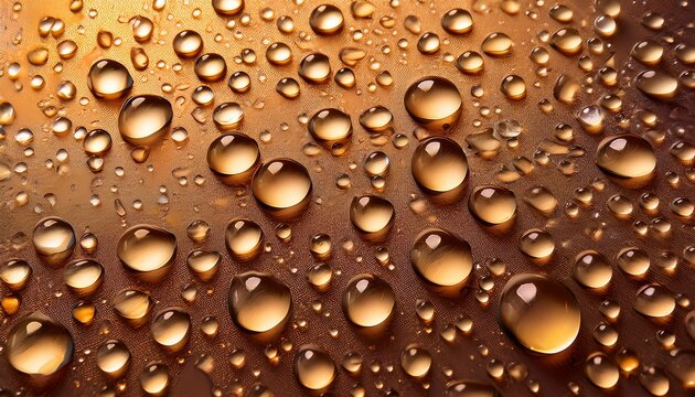 close up view of water droplets on a metallic surface showcasing intricate details and a spectrum of warm tones
