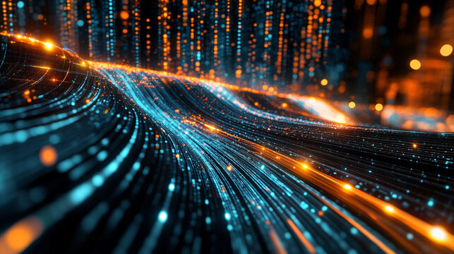 Abstract data streams cross a digital grid forming vibrant flowing connections representing information flow futuristic technology network communication and dynamic cyber visualization in 3D space