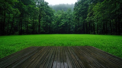 Fototapeta premium Lush Green Meadow Surrounded by Dense Forest with Wooden Path.
