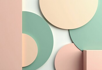 Modern abstract composition with overlapping geometric circles and curved shapes in soft pastel pink, mint green, beige tones. Minimalist contemporary design for branding, social media, presentation.