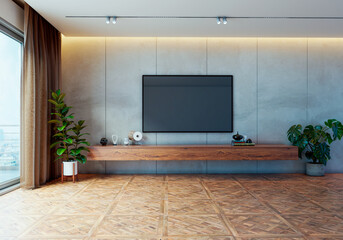 Large luxury modern bright interiors Living room mockup illustration 3D rendering image