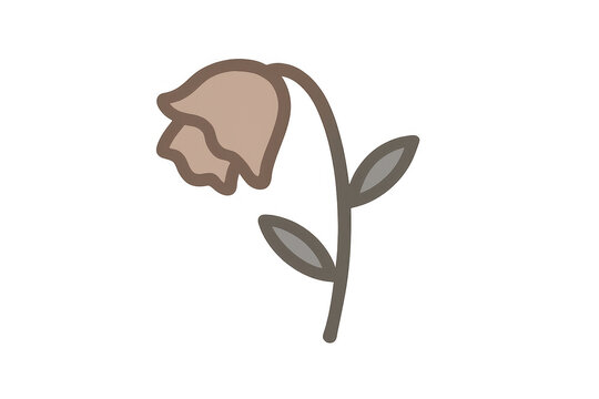 Wilted flower cartoon showing sadness and decay, a drooping plant experiencing loss, brown outline icon on transparent background