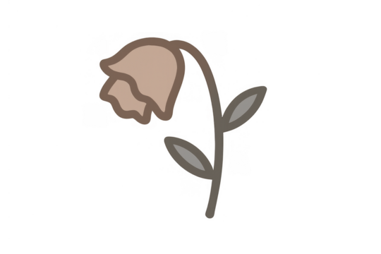 Wilted flower cartoon showing sadness and decay, a drooping plant experiencing loss, brown outline icon on transparent background