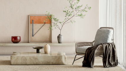 Naklejka premium Large luxury modern bright interiors Living room mockup illustration 3D rendering image