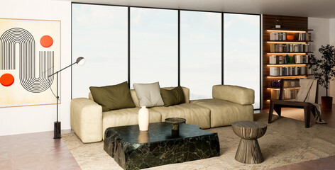 Naklejka premium Large luxury modern bright interiors Living room mockup illustration 3D rendering image