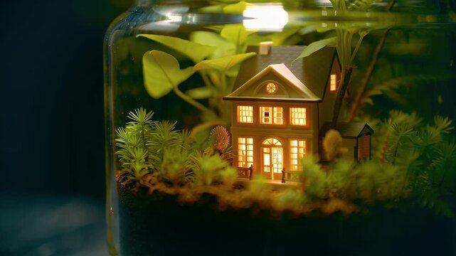 Tiny illuminated miniature house encapsulated inside a glass jar terrarium with glowing interior