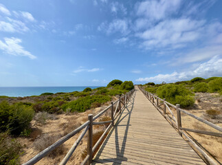 Obraz premium wonderful beach access near Marbella, wooden walkway to the Mediterranean Sea, Cabopino, Costa del Sol in the summer, Andalusia, Spain
