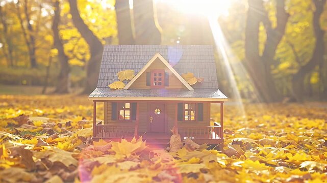 Tiny wooden toy house perched on golden autumn leaves in sunlight