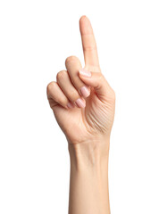 A woman's hand, isolated on a transparent PNG background, with the index finger extended upward in a selection or tap gesture.