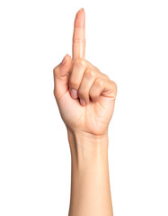 A woman's hand, isolated on a transparent PNG background, with the index finger extended upward in a selection or tap gesture.