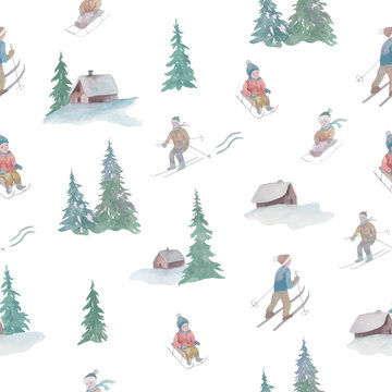 Watercolor winter seamless pattern with children sledding and skiing, cozy cabins, and snowy pine trees. Hand-painted illustration. Vector EPS.