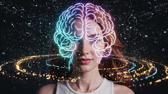 Woman with glowing brain scan radiating from her head, featuring detailed brain map woven into hair, symbolizing intersection of technology and human insight, perfect for creative minds sparking.