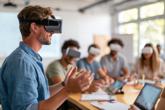 Team collaboration with virtual reality in a modern office - Powered by Adobe