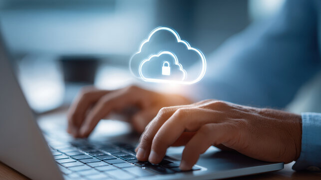 Cloud security concept with laptop and padlock