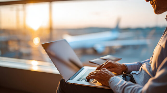 Working on a laptop at sunset in an airport