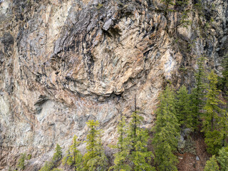Rugged Rock Face Over Forested Slope in BC, Canada With Tall Pine Trees