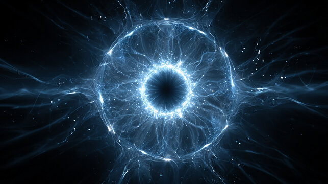 Abstract fusion energy core glowing in blue-white light radiating power and futuristic energy representing advanced technology science innovation and dynamic digital visualization in a sci-fi style