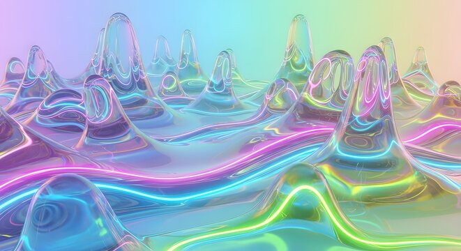 Abstract landscape with iridescent drops and neon glowing lines - Powered by Adobe