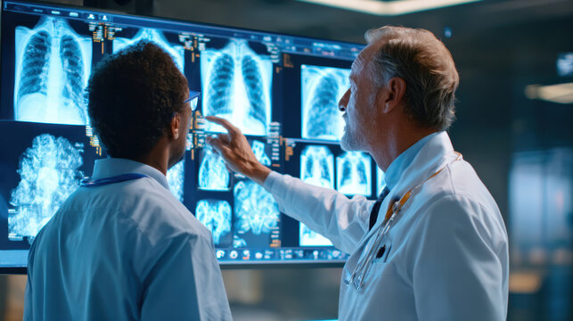 Doctors analyzing lung x-rays in a modern facility