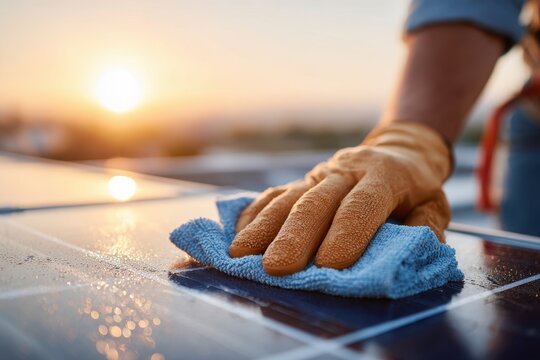 Cleaning solar panels at sunset - Powered by Adobe