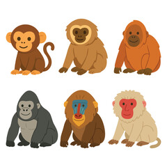 Set of six different primates including monkey, gibbon, orangutan, gorilla, mandrill, and macaque. Flat cartoon vector illustration. Zoo animals and wildlife concept. Design for sticker, greeting card