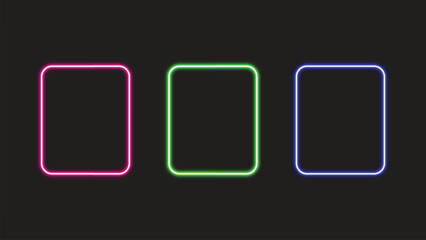 Neon-glowing, rounded-rectangle frames set on a dark background. Colorful neon outline vector illustration