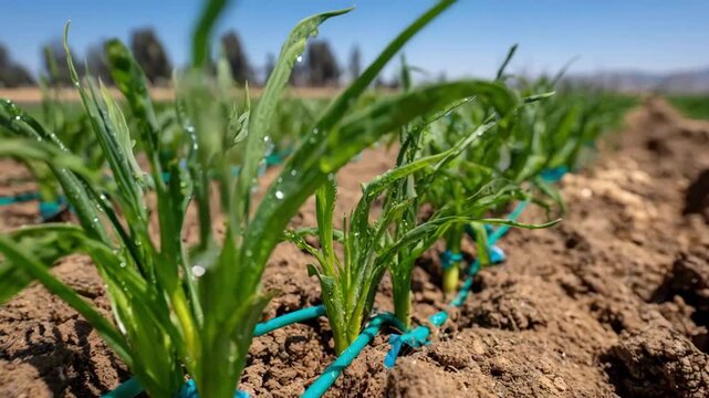 Medium shot of subsurface drip tape installed beneath soil delivering water directly to plant roots for efficient irrigation in agricultural fields.