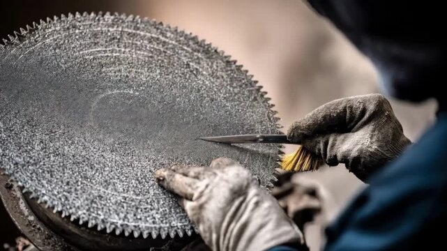 Medium shot of a craftsman carefully cleaning a diamondcoated saw blade with a soft brush to maintain cutting efficiency and prolong coat life.