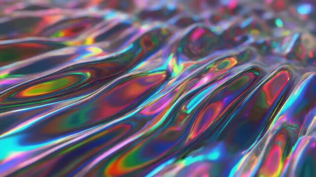Abstract iridescent liquid surface, displaying a mesmerizing play of light and color, creating a sense of fluidity and visual fascination