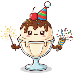 Cute kawaii Ice cream vector illustration. Party sundae. Celebration scoop, Birthday bowl. Sweet surprise, confetti cone. Sundae mascot, happy scoop with cherry on top and chocolate, drizzle delight