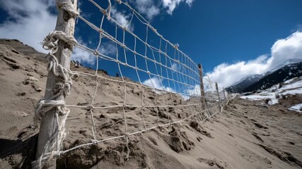 Medium shot of wire mesh erosioncontrol fencing securing a sandy slope showcasing durable barriers preventing soil displacement in a construction zone
