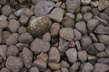 A detailed close-up of various rounded natural river stones and pebbles, forming a textured background of earthy grey and brown tones, ideal for natural design elements and outdoor themes