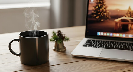 Steaming black coffee mug next to a laptop displaying a festive Christmas scene on a wooden desk.