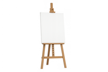 Wood art easel holding a blank white canvas, ready for painting, drawing, or design presentation. Transparent background
