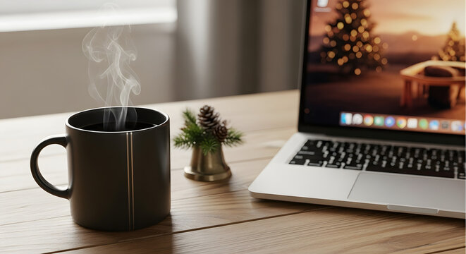 Steaming black coffee mug next to a laptop displaying a festive Christmas scene on a wooden desk.