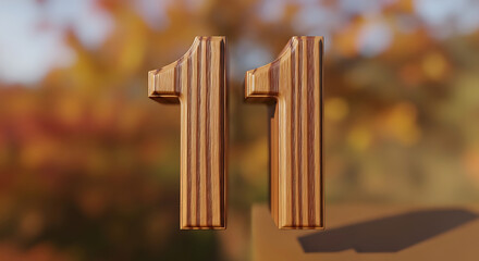 Wooden number eleven against a blurred background of autumn leaves
