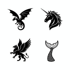 Fantasy Creature Icons Dragon, Unicorn, Griffin, and Mermaid Tail Symbols