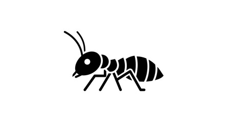 A simple, minimalist black and white graphic illustration of an ant, rendered in a clean, modern style