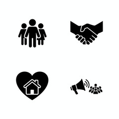 Vector icon set depicting core social values community, collaboration, housing, and public communication for diverse projects and initiatives