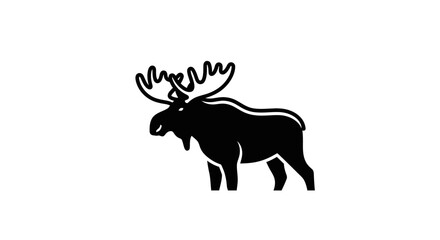 Stylized black icon of a majestic bull moose with large antlers. A simple wildlife animal silhouette isolated on a plain white background