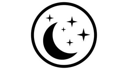 Minimalist circular icon representing a starry night sky with a crescent moon, a symbol of sleep and dreams