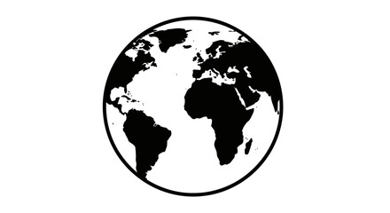 A simple black and white illustration of planet Earth as seen from space, depicting continents and oceans