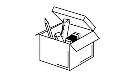 A minimalist line art icon of an open cardboard box filled with essential stationery supplies for organization, school, or creative work
