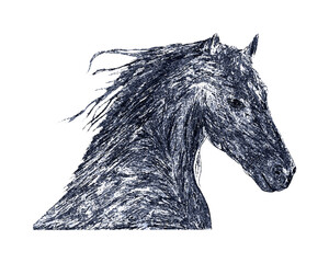 Vintage horse portrait drawing. Ink sketch of running horse mane. Detailed hand drawn horse head illustration featuring textured ink lines and flowing mane for artistic and vintage design use